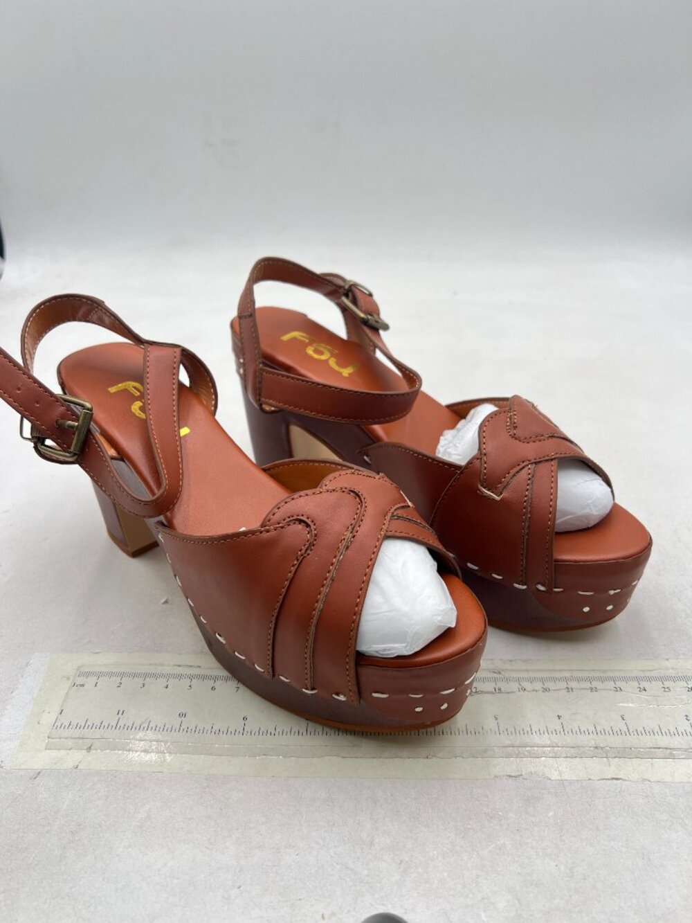 FSJ Brown Peep Toe Clog Heels Retro Platform Sandals for Women - Picture 4 of 8